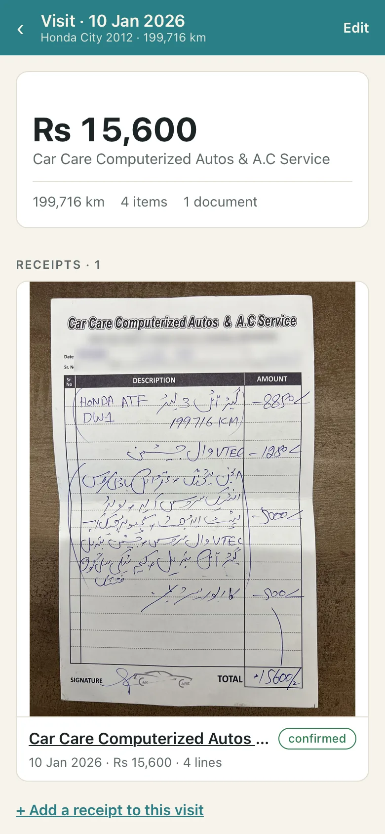 A workshop visit with its handwritten receipt, total and every job done